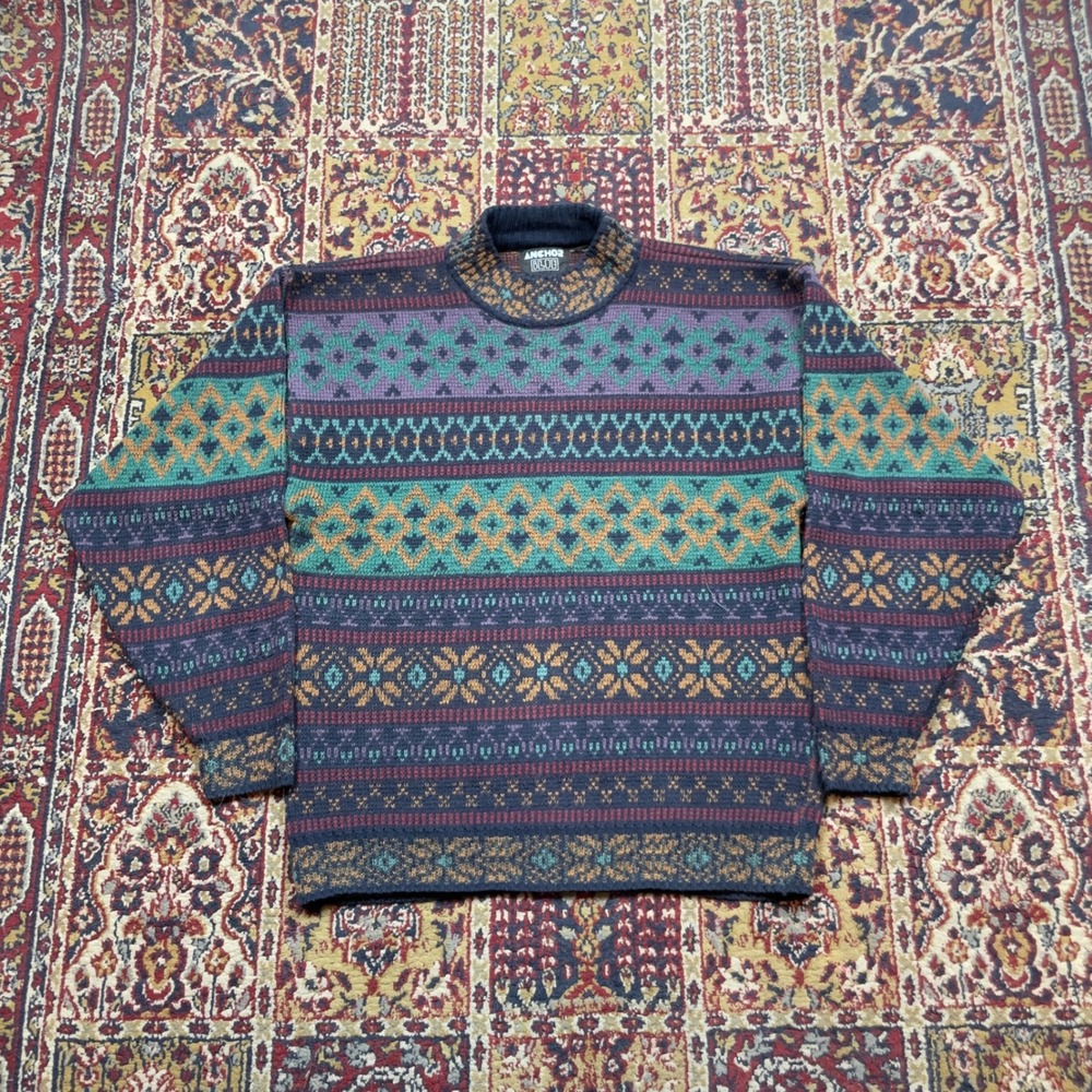 VTG 80s Anchor Blue Mens Multi Color Geometric Fair Isle Mock Neck Sweater M